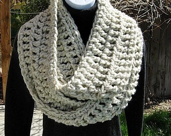 INFINITY COWL SCARF Off White w/ Black, Color Options, Bulky Soft Thick Wool Blend Crochet Knit Winter Circle Loop, Ships in 3 Biz Days