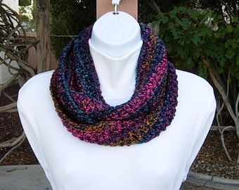 Dark Purple, Gold, Pink, Teal Blue Green Small CROCHET INFINITY SCARF Loop Cowl, Soft Short Winter Women's Circle Knit, Ships in 3 Biz Days