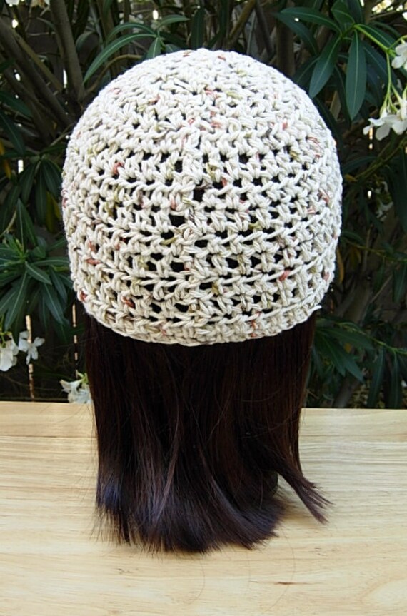 Light Natural Brown Summer Beanie, 100% Cotton Lacy Skull Cap