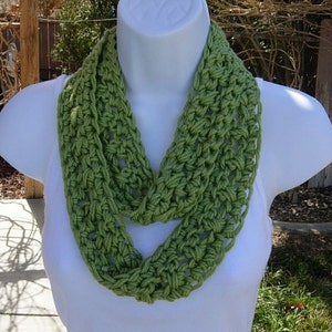 Skinny INFINITY LOOP SCARF Solid Pistachio Green Extra Soft Lightweight Summer Small Cowl Women&#39;s Crocheted Necklace, Ships in 5 Biz Days