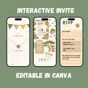 Könnte beinhalten: Drei Smartphones zeigen eine interaktive digitale Geburtstagseinladung mit Dschungeltier-Motiv. Die Bildschirme zeigen einen Umschlag, Party-Details mit Illustrationen von Löwe, Elefant und Zebra sowie ein Formular für die Rückmeldung.