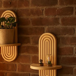 Handmade Boho 2-Tier Wooden Wall Shelves – Crafted from Natural Wood, Geometric Design for Modern Home & Plant Décor