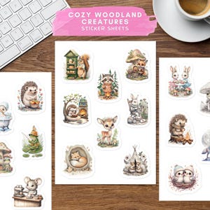 Stickervel Cosy Woodland Creatures – Schattige Cottagecore-dierenstickers voor planners, tijdschriften en cadeaus