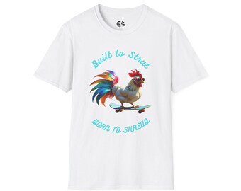 Funny Chicken Skateboarding Shirt, Colorful Rooster with Sunglasses, Cool Farm Animal Tee, Retro Skater Gift for Him or Her