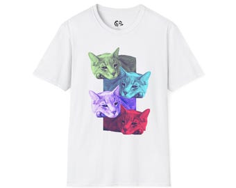 Pop Art Cat Shirt, Retro Colorful Cat T-Shirt, Funny Cat Lover Gift, Unisex Soft Cotton Tee, Warhol Style Graphic Shirt