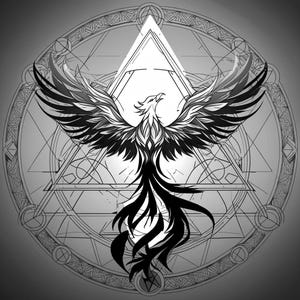 May include: A black and white illustration of a phoenix with outstretched wings, set against a geometric background. The phoenix is the focal point, with detailed feather patterns and a stylized design. The background features a circular pattern with triangles and other geometric shapes.