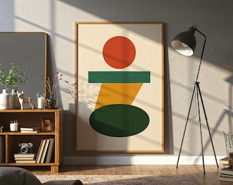 Bauhaus geometrische muurkunst afdrukbare, moderne abstracte kunst uit het midden van de eeuw in oranjegroen en mosterdgeel, minimale digitale download