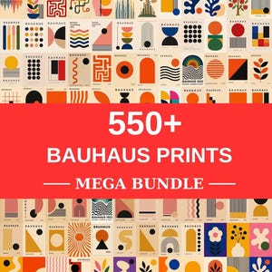 Può includere: Una collezione di oltre 550 stampe Bauhaus con forme geometriche, motivi astratti e illustrazioni botaniche in una vivace tavolozza di colori. Il testo 550+ BAUHAUS PRINTS MEGA BUNDLE è visualizzato in bianco su un banner rosso orizzontale.