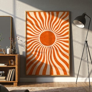 Muurdecoratie met oranje zonprint, Bauhaus-poster, decoratie in mid-century modern stijl, abstracte retrokunst, minimalistische boho-muurdecoratie