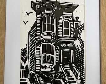 San Francisco House Linocut Print: Original Handmade Art (A4)