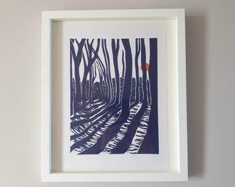 Blue Forest Linocut Print: A4 Original Art, Orange Sun