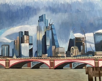 London Skyline Oil Painting: Original Cityscape Art (14x10 inch)