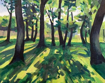 Pintura al óleo Sombras del bosque: Obra de arte paisajística original, 12x10