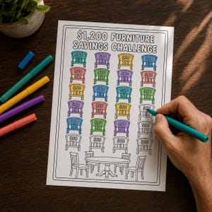 May include: A white paper sheet titled $1,200 Furniture Savings Challenge featuring a grid of chair icons, each labelled $50. Some chairs are coloured in teal, purple, yellow, pink, and green, while others remain blank outlines for colouring.