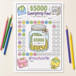May include: A printable $5000 Emergency Fund savings tracker sheet featuring a central glass jar filled with coins and cash, surrounded by circular $100 increment bubbles, a safe, envelopes, and a notes section, accompanied by colored pencils.