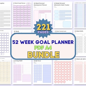 Könnte beinhalten: Eine Sammlung von druckbaren Planerseiten mit verschiedenen Layouts. Die Seiten enthalten Abschnitte für Disziplin, Studium, persönliche Entwicklung, Gewohnheitsverfolgung und Zielsetzung. Das Bundle ist als 52-Wochen-Zielplaner im PDF A4-Format mit 221 Seiten gekennzeichnet.