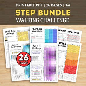 May include: A collection of printable PDF walking challenge pages. The pages include a 10,000 step challenge, a 3-year walking challenge, and a step challenge. The bundle includes 26 pages and is A4 size.