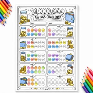 May include: A printed $1,000,000 Savings Challenge tracker sheet featuring ten numbered sections with illustrations of coin jars and wallets. Each section contains rows of circles labeled $10,000 for coloring in progress, with blank lines for goal and saved amounts.