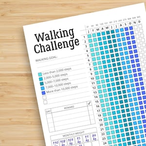 May include: A white printed "Walking Challenge" chart with a grid for tracking steps. The chart includes a section for walking goals, rewards, and monthly weight tracking. The grid is filled with blue squares.