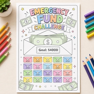 Op de afbeelding: Een geprint spaaroverzicht genaamd Emergency Fund Challenge met een doel van $4000. Het ontwerp toont een grote envelop met contant geld, omringd door twintig kleinere envelop-pictogrammen, elk gelabeld met $200, versierd met sterren en hartjes.