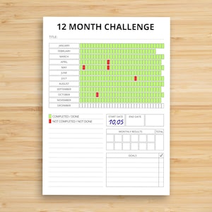 May include: A white 12 Month Challenge tracker sheet with green and red boxes for tracking progress. The sheet includes sections for monthly results, goals, and a start date of 10,05.