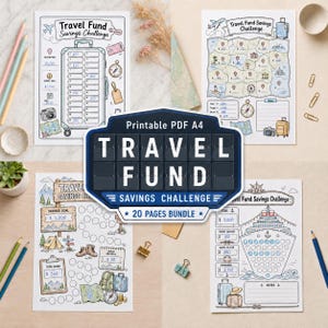 May include: A 20-page printable PDF A4 travel fund savings challenge bundle featuring four distinct illustrated sheets with luggage, cruise ship, and mountain themes, including savings trackers, goal boxes, and travel-themed icons like cameras and maps.