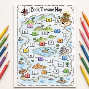 May include: A Book Treasure Map activity sheet featuring a winding path of numbered book icons from 1 to 25, illustrations of islands, palm trees, mountains, and a treasure chest, surrounded by colored pencils in yellow, green, blue, purple, red, and orange.