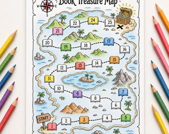 May include: A Book Treasure Map activity sheet featuring a winding path of numbered book icons from 1 to 25, illustrations of islands, palm trees, mountains, and a treasure chest, surrounded by colored pencils in yellow, green, blue, purple, red, and orange.