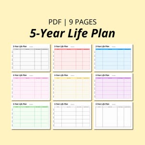 May include: A digital PDF with nine pages of 5-Year Life Plan templates. Each template features a grid layout with sections for goals, descriptions, and timelines. The templates are in various pastel colors, including pink, blue, and yellow.