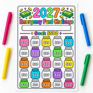 May include: A 2027 Emergency Fund Challenge savings tracker sheet with the text "Goal: $500" and twenty-five jar illustrations labeled "$20". The sheet features colorful graphics of money stacks and is surrounded by four markers in pink, blue, yellow, and green.