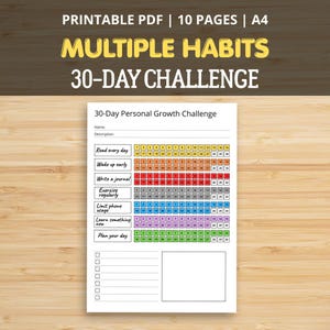 30-Day Personal Growth Challenge for Tracking Multiple Habits | Printable PDF A4