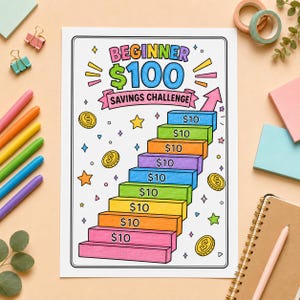 Puede incluir: Una hoja de papel blanca con un rastreador de ahorros colorido Beginner $100 Savings Challenge. El diseño incluye una escalera con diez escalones, cada uno marcado con $10, junto a ilustraciones de monedas de oro, estrellas y una flecha rosa.