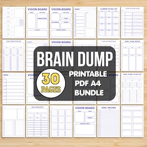 Può includere: Una raccolta di 30 pagine PDF stampabili in formato A4 con vari modelli organizzativi tra cui vision board, pianificatori settimanali, liste di cose da fare, piani d'azione, tracker degli obiettivi e fogli per appunti con linee blu.