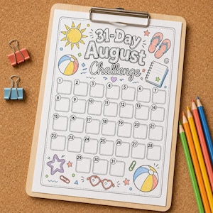 May include: A white paper sheet on a wooden clipboard featuring a 31-Day August Challenge calendar with numbered boxes. The design includes colorful illustrations of a sun, flip-flops, a beach ball, a notebook, a star, and heart-shaped glasses.