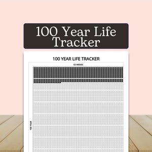 Könnte beinhalten: Ein weißes 100-Jahres-Life-Tracker-Diagramm mit einer schwarzen Überschrift mit der Aufschrift "100 Year Life Tracker". Das Diagramm hat ein Raster aus Quadraten, von denen einige schwarz gefüllt sind. Der Text "52 Weeks" steht über dem Raster.