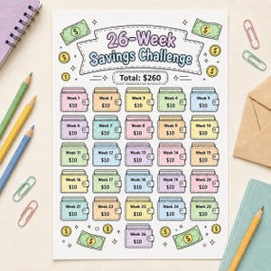 May include: A 26-Week Savings Challenge tracker sheet featuring a central title, a total goal of $260, and 26 individual wallet-shaped icons labelled by week and $10 increments. The design includes illustrations of dollar bills and coins.
