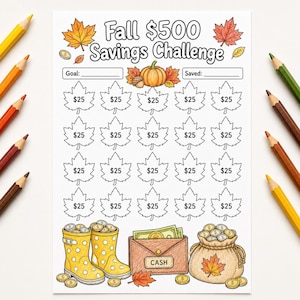 May include: A Fall $500 Savings Challenge printable sheet featuring a pumpkin, autumn leaves, and twenty maple leaf icons labeled $25. The bottom includes illustrations of yellow rain boots, a brown wallet labeled CASH, and a money bag with coins.