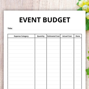 May include: A white paper event budget planner sheet with black text. The header reads EVENT BUDGET followed by a Title line. Below is a table with columns for Expense Category, Quantity, Estimated Cost, Actual Cost, and Done with blank rows.