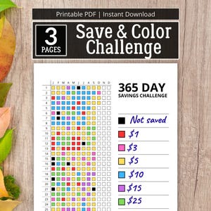Pode incluir: Um gráfico imprimível de desafio de poupança de 365 dias com um design para colorir. O gráfico inclui uma grelha com caixas para cada dia, valores codificados por cores de 1 € a 25 €, e o texto "Save & Color Challenge."