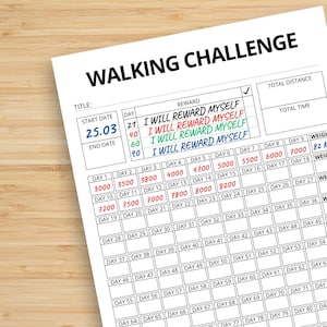 May include: A white paper titled "WALKING CHALLENGE" with a grid for tracking progress. The title is in bold black letters. The grid includes sections for start date, day, reward, total distance, and total time. The start date is 25.03.