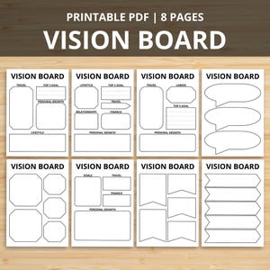 Op de afbeelding: Een afdrukbare PDF van 8 pagina's met vision board sjablonen. Elke pagina heeft een andere lay-out met secties voor doelen, reizen, financiën en persoonlijke groei. De tekst "VISION BOARD" is prominent aanwezig.