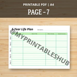 May include: A white printable PDF document with a 5-Year Life Plan template. The document includes sections for goals, steps, skills, and outcomes. The text "PRINTABLE PDF | A4" and "PAGE - 7" are at the top. The document is on a wooden surface.