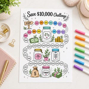 May include: A Save $10,000 Challenge savings tracker sheet featuring a winding path of circles labelled $250, illustrations of glass jars, stacks of cash, coins, and a money bag. The text reads Save $10,000 Challenge, Start, Keep Going, You're Doing Great, and Finish.
