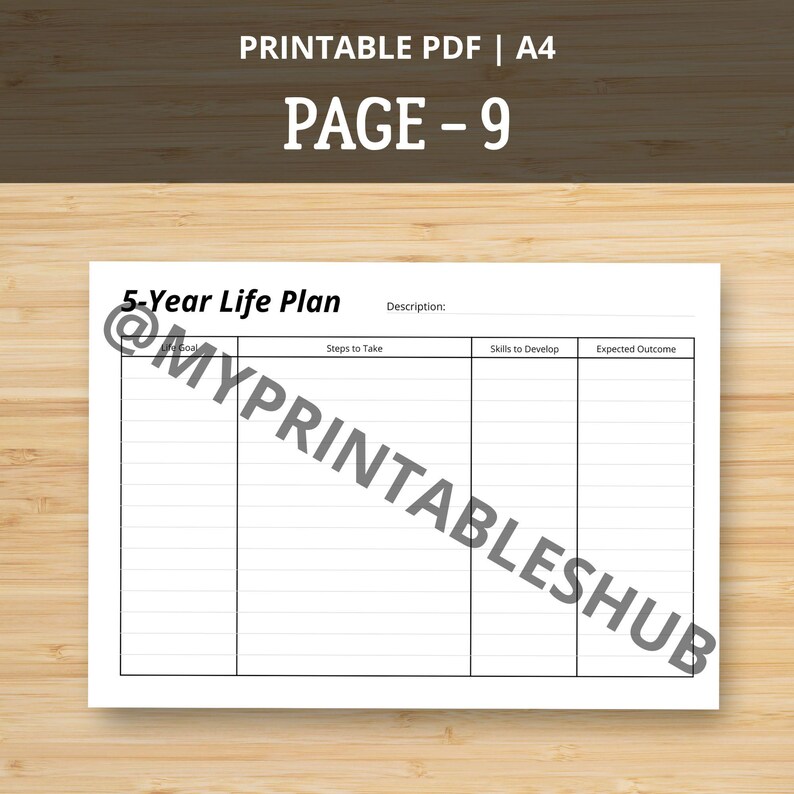 May include: A white printable PDF page with a 5-Year Life Plan template. The page includes sections for Life Goal, Steps to Take, Skills to Develop, and Expected Outcome. The text "PRINTABLE PDF | A4" and "PAGE - 9" are at the top.