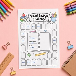 Könnte beinhalten: Ein weißes School Savings Challenge-Tracker-Blatt aus Papier mit einer zentralen Grafik eines offenen Notizbuchs, umlaufenden Preisschildern von 5 $ bis 60 $ und Illustrationen von Schulmaterialien wie Büchern, einem Stift, einem Lineal und einem Radiergummi.
