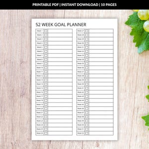 Planejador de metas anuais para impressão | Rastreador pessoal de 52 semanas em PDF A4