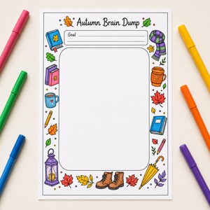 Può includere: Un foglio di carta rettangolare intitolato Autumn Brain Dump con una riga per l'obiettivo e un ampio spazio centrale vuoto. Il bordo presenta illustrazioni colorate di libri, una sciarpa, una tazza, una matita, una lanterna, stivali, un ombrello.