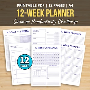 May include: A printable 12-page A4 12-week planner titled Summer Productivity Challenge. The document features various white pages with blue text and lines, including a 12-week challenge grid, weekly goal trackers, and a 12-week to-do list.
