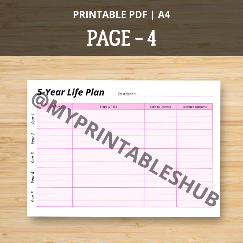 May include: A printable PDF document with a 5-Year Life Plan template. The document is white with pink accents and a grid layout for goals, steps, skills, and outcomes. The text "PRINTABLE PDF | A4" and "PAGE - 4" are at the top.