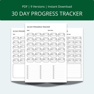 Op de afbeelding: Een set van drie witte 30 Day Progress Tracker-vellen. Elk vel heeft een raster met vakjes voor het bijhouden van de dagelijkse voortgang, met ruimte voor doelen en starttijd. De bovenste banner luidt "30 DAY PROGRESS TRACKER".